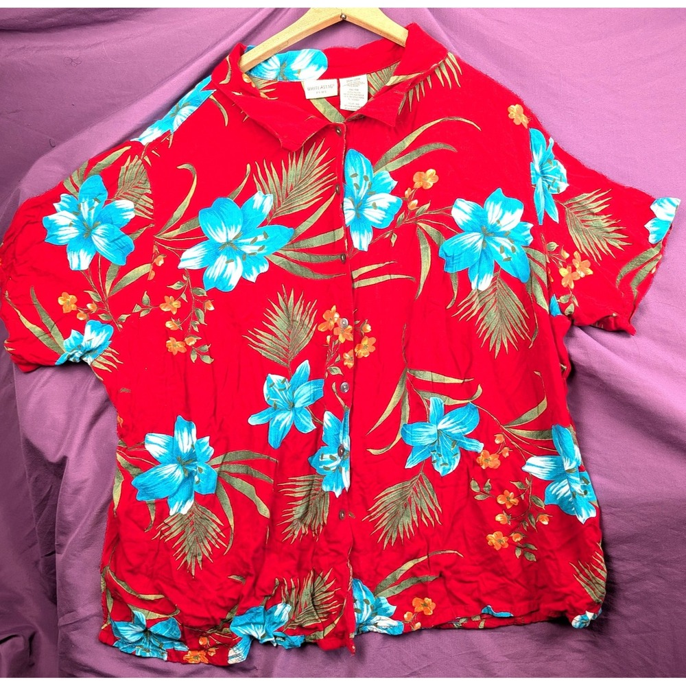 White Stag Womens 28W Hawaiian Shirt Red Floral Button Up sz 46